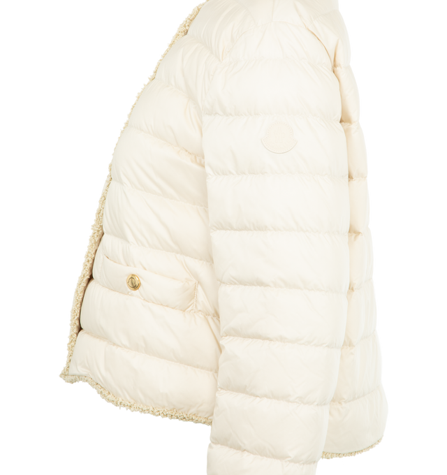 Image 3 of 3 - WHITE - MONCLER Fleurs Boucl-Trimmed Short Down Jacket featuring water-repellent main fabric, longue saison lining, boucl trim, down-filled, snap button closure, pockets with button closure and leather logo patch. 100% polyamide/nylon. Padding: 90% down, 10% feather.