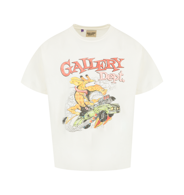 Image 1 of 2 - WHITE - GALLERY DEPT. Rally Tee featuring graphic print on the front, back GD ENGLISH logotype rendered in gold glitter, relaxed 90's fit, short sleeves and crew neck. 100% cotton. Made in USA.