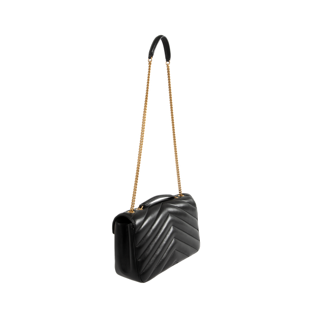 Image 3 of 4 - BLACK - SAINT LAURENT Loulou Medium Bag featuring chain bag in soft lambskin with chevron-quilted topstitching, removable leather pouch and pocket mirror, sliding chain strap, grosgrain lining, bronze-toned hardware, magnetic snap closure and one flat pocket. 11.4" x 6.7" x 3.1". Single strap drop: 17.7". Doubled strap drop: 8.7". Lambskin, brass. Made in Italy.