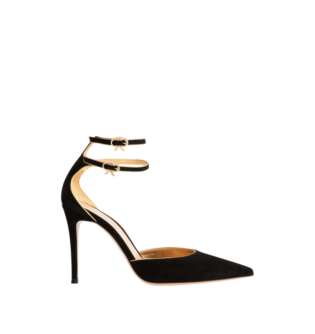 Image 1 of 4 - BLACK - GIANVITO ROSSI Camoscio Nappa Silk Pumps featuring gold-tone piping and hardware, stiletto heel, double buckle ankle strap, pointed toe and leather sole with rubber heel cap. Upper: suede. Lining: leather. Made in Italy.
