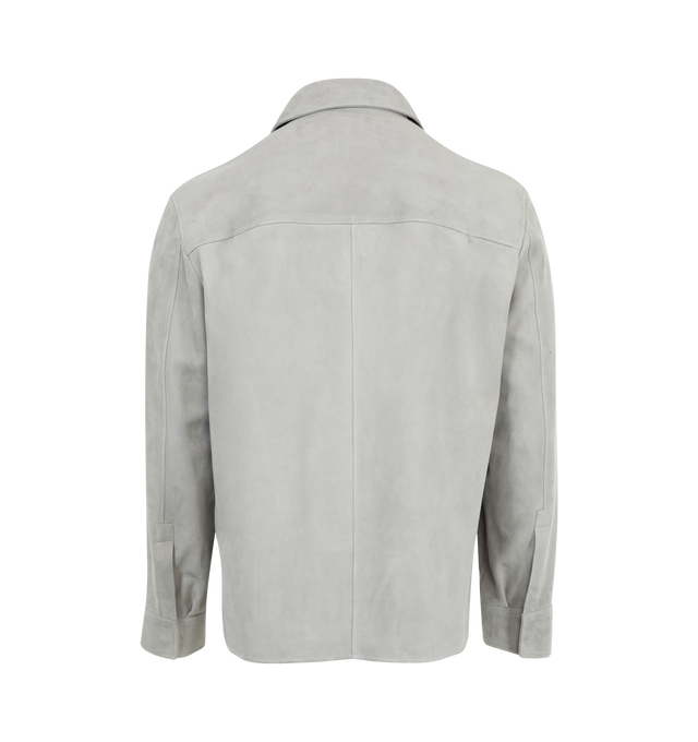 Image 2 of 2 - GREY - LOEWE Overshirt in lightweight suede lambskin featuring pleats at the sleeves and back, regular fit, regular length, classic collar, concealed snap button front fastening, buttoned cuffs, chest patch pocket, vertical welt pockets, unlined and embossed Anagram placed on the chest patch pocket. Suede. Made in Italy.