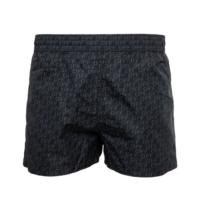 Image 1 of 4 - BLACK - OFF-WHITE OFF STAMP AO SWIMSHORTS are black swimshorts featuring Off-White logo as pattern all over with two side slit pockets and one coin pocket on the back. Elastic waistband. Regular fit. Outer: 100% Polyester Lining: 100% Polyester 