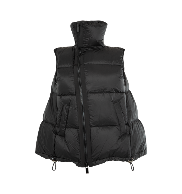 Image 1 of 2 - BLACK - SACAI Puffer Vest featuring technical fabric, double slider front zip, high collar, two front pockets, sleeveless, oversized, adjustable bottom, polyester trim and nylon lining. Padding: 90% down, 10% feathers.