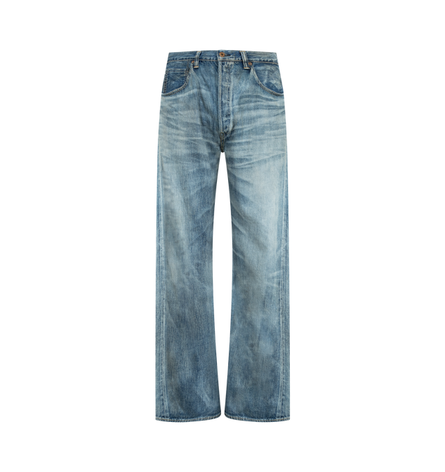 Image 1 of 3 - BLUE - FULLCOUNT WWII Model 11.5oz Denim Pants HW Master Of Reality featuring button closure, belt loops at waist, 5 pocket style and fading throughout. 100% cotton. Made in Japan.
