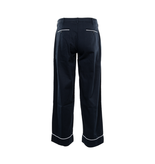 Image 2 of 5 - NAVY - NOAH Pajama Chino featuring flat front with zip-fly and button-closure, watch pocket at waist, side seam front pockets and besom back pockets with button-closure and contrast piping at hem and back pockets. 100% cotton twill. Made in Portugal.  