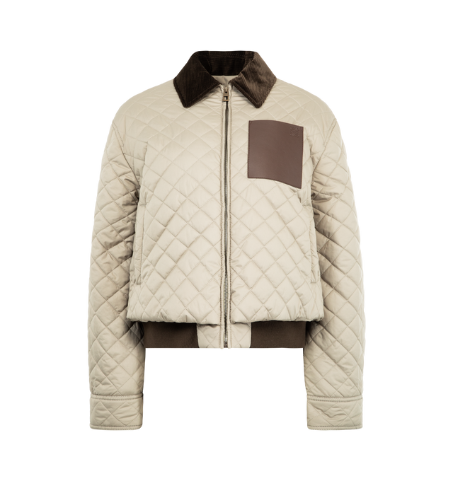 Image 1 of 3 - NEUTRAL - LOEWE Short Jacket in lightweight technical fabric featuring allover diamond quilting, regular fit, short length, corduroy collar and inside cuff, zip front fastening and snap button cuffs, vertical welt pockets, inside welt pocket, contrast rib knit hem and anagram embossed leather patch pocket placed on the chest. Polyester. Made in Italy.