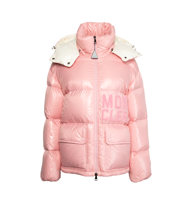 Image 1 of 3 - PINK - MONCLER Abbaye Short Down Jacket featuring recycled nylon laqu lining, down-filled, detachable hood, interior in contrasting colour, zip and snap button closure, zipped pocket and terry stitch Moncler embroidery. 100% polyamide/nylon. Padding: 90% down, 10% feather. Made in Romania. 