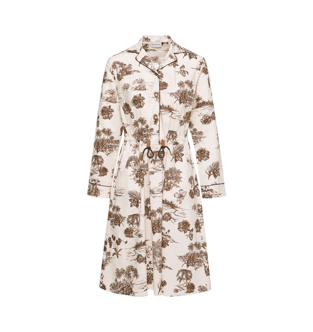Image 1 of 2 - MULTI - MONCLER Floral Knee Length Shirt Dress featuring cotton poplin, cotton yoke lining, collar, long sleeves, snap button closure, waistband with drawstring fastening and front patch pockets. 100% cotton. Made in Hungary.