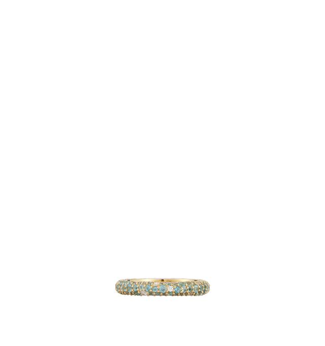 Image 1 of 2 - GOLD - Renna Women's Thin Tidepool Ring is crafted in 18K yellow gold and features varying sizes of aquamarine, Swiss blue topaz, and brilliant diamonds arranged in a refined cobblestone-inspired design that captures the clear, glimmering tones of sunlit ocean water. This designer fine jewelry ring combines exceptional craftsmanship with vibrant color and timeless elegance in a delicate 3mm silhouette, making it perfect for stacking or wearing alone. Main Material: 18K Yellow Gold. Gemstones: