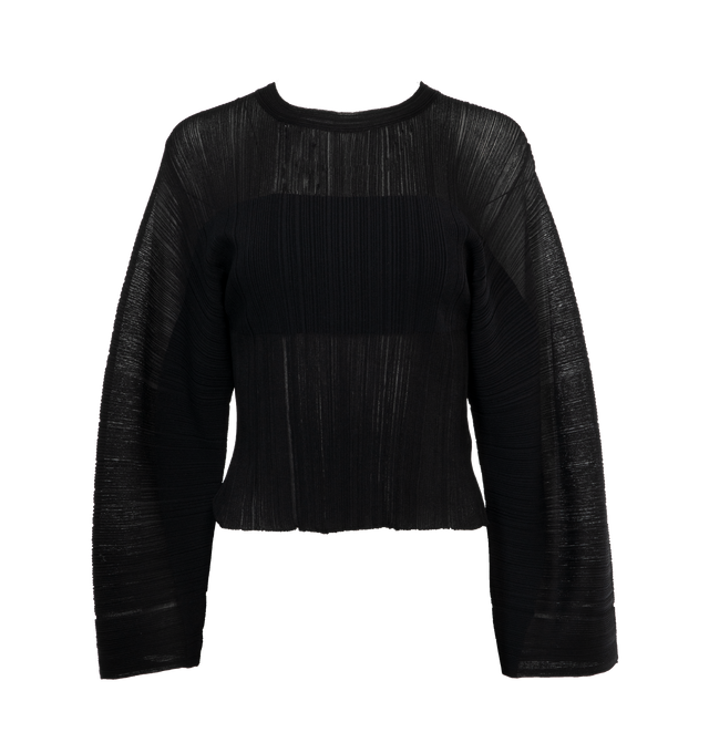 Image 1 of 3 - BLACK - STELLA MCCARTNEY Lightweight Plisse Knit Jumper featuring round neckline, long sleeves, hip length and relaxed fit. Viscose/nylon/polyamide. Made in Italy. 