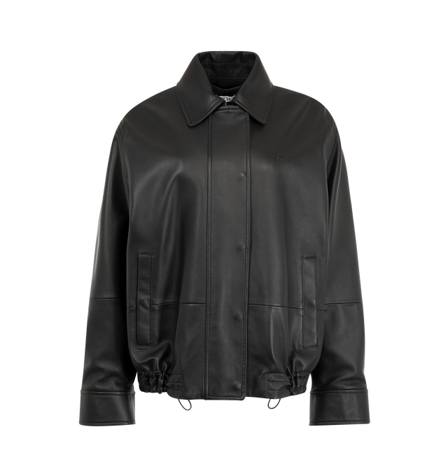 Image 1 of 4 - BLACK - Loewe Women's Drawstring Leather Jacket is crafted from lightweight nappa lambskin and features an adjustable drawstring hem. Designed with a relaxed fit and regular length, it is finished with a classic collar, concealed snap-button and zip-front fastening, snap-button cuffs, buttoned welt pockets, inside welt pockets, and a debossed Double L detail at the chest. Main Material: Nappa lambskin. Fully lined. Made in Spain.