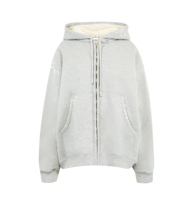 Image 1 of 2 - GREY - ACNE STUDIOS Hooded zipper sweater featuring zip-up sweatshirt with a hood, made from soft fleece fabric that has a worn, vintage look with a relaxed, slouchy shape, a soft lining for comfort, a logo design on the back, relaxed fit and hip length. 41% polyester, 59% cotton. Lining: 100% polyester.