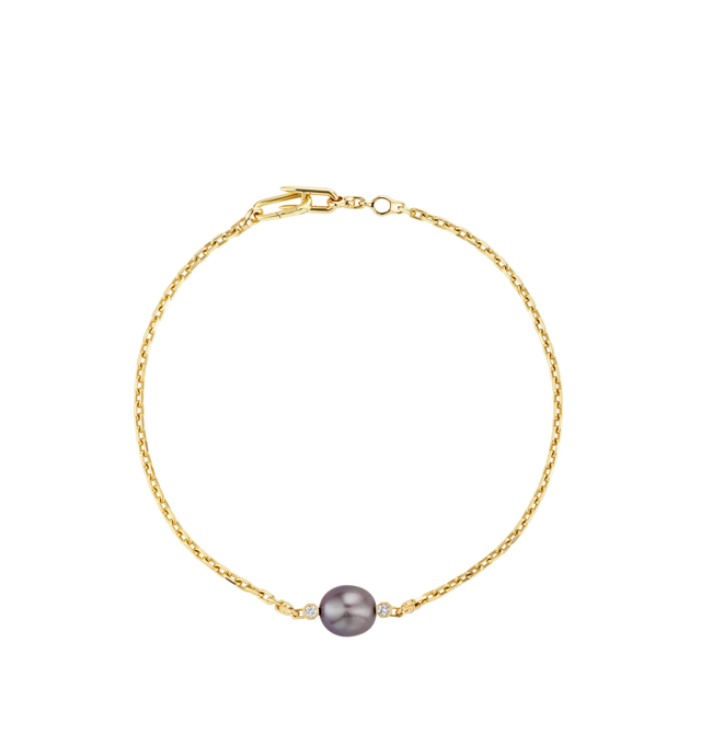 Image 1 of 2 - GOLD - UNIFORM OBJECT Machina Pearl Necklace featuring 10.5G solid 18K yellow gold and 18G of 18K yellow gold chain, 1 TCW round diamonds and 16 inches long. Showcasing a freshwater pearl suspended by 18K yellow gold bolts that enable the pearl to rotate effortlessly. Handmade in New York City