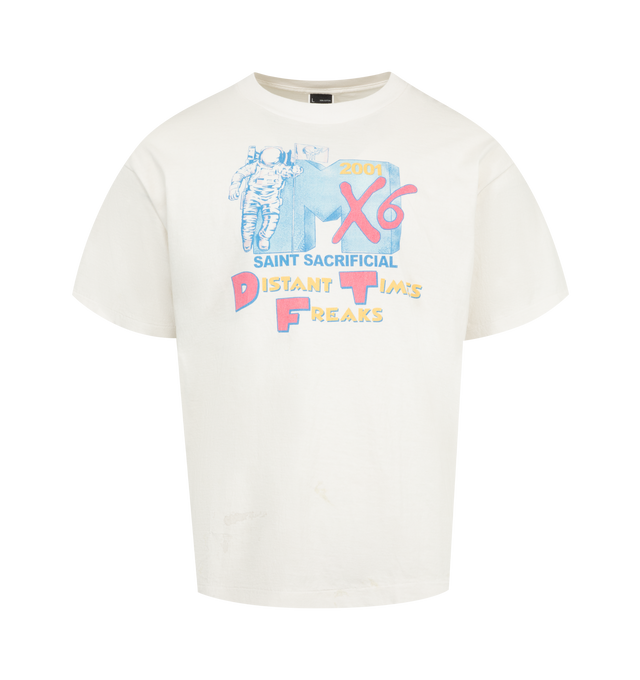 Image 1 of 2 - WHITE - SAINT MICHAEL Astro Tee featuring crew neck, short sleeves, relaxed fit and graphic print on front and back. 100% cotton.