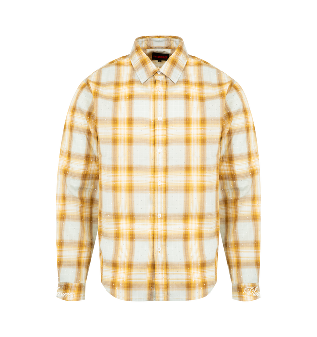 Image 1 of 3 - YELLOW - PLEASURES Dizzle Woven Button Up Shirt featuring long sleeves, button front closure, embroidered logo and check pattern. 85% poly, 15% rayon.