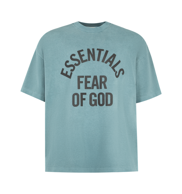 Image 1 of 2 - BLUE - FEAR OF GOD ESSENTIALS Campus 90s Tee featuring heavyweight cotton jersey, pigment dyed, crewneck, 90s fit with oversized proportions and dropped shoulders, campus puff-print graphic on front and Fear of God Essentials label at the back neckline. 100% cotton.