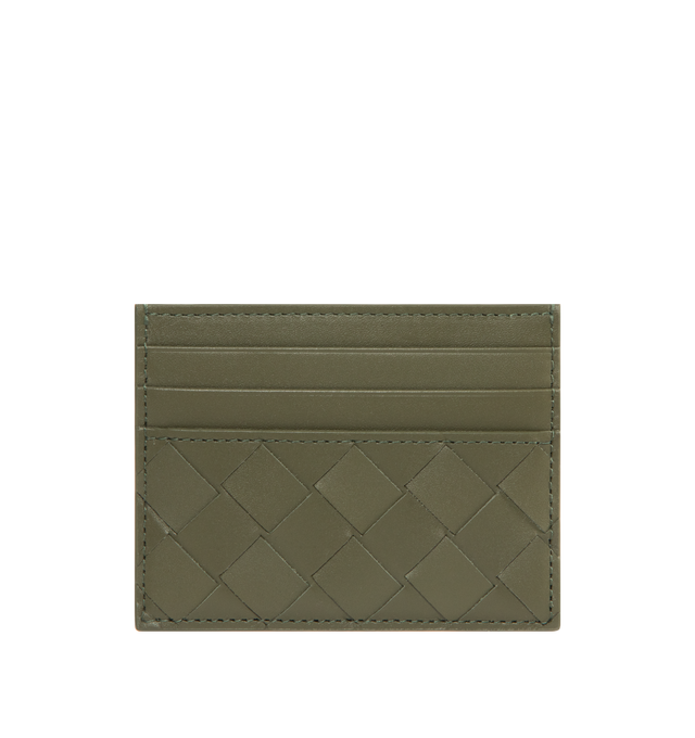 Image 1 of 3 - GREEN - BOTTEGA VENETA Intrecciato Credit Card Case featuring six card slots, one central pocket and intrecciato calf leather. 3.1" x 4.1" x 0.2". Calfskin. Made in Italy.