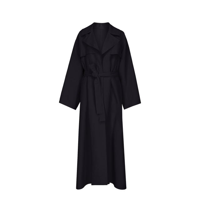 Image 1 of 2 - BLACK - Azzedine Alaia Trench Coat is crafted in a paper-touch poplin with notch lapel; drop sleeves; concealed placket; wrap belt with a back patch loop; side seam pockets; back yoke and removable belt. Materials: 100% Cotton. Made in Italy.
