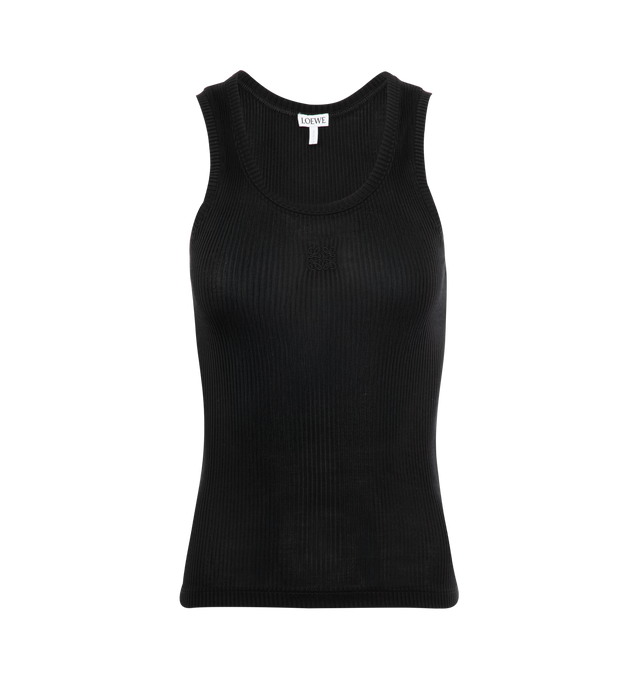 Image 1 of 2 - BLACK - LOEWE Anagram Tank Top featuring lightweight ribbed silk, slim fit, regular length, scoop neck and anagram embroidery placed at the front. 100% silk. Made in Portugal.