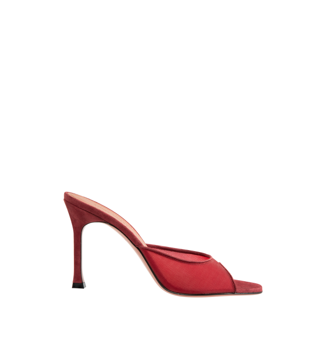 Image 1 of 4 - RED - AMINA MUADDI Alexa Slippers featuring 95mm SR heel, oblique almond toe and mule style. Upper: 70% mesh, 30% goat. Lining: 55% goat, 35% net. 10% kid lining. Sole: 90% calfskin 10% TPU. Made in Italy.