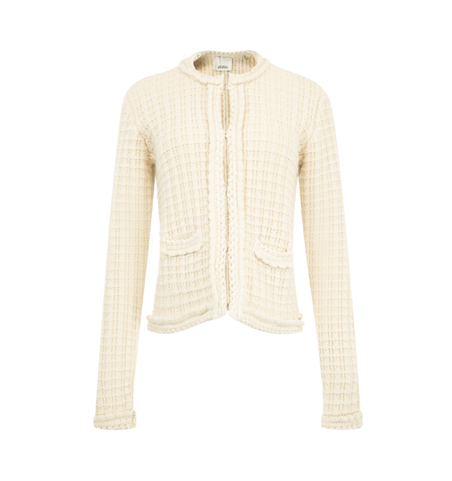Image 1 of 2 - NEUTRAL - Isabel Marant Women's Hortense Cardigan is crafted from an ecru virgin wool and alpaca blend in a textured waffle knit. The slim-fitting silhouette features a round neckline, long sleeves, silver-tone hook fastenings, flat front pockets, and picot trim at the collar, cuffs, and hem. Main Material: 70% Virgin Wool, 30% Alpaca.