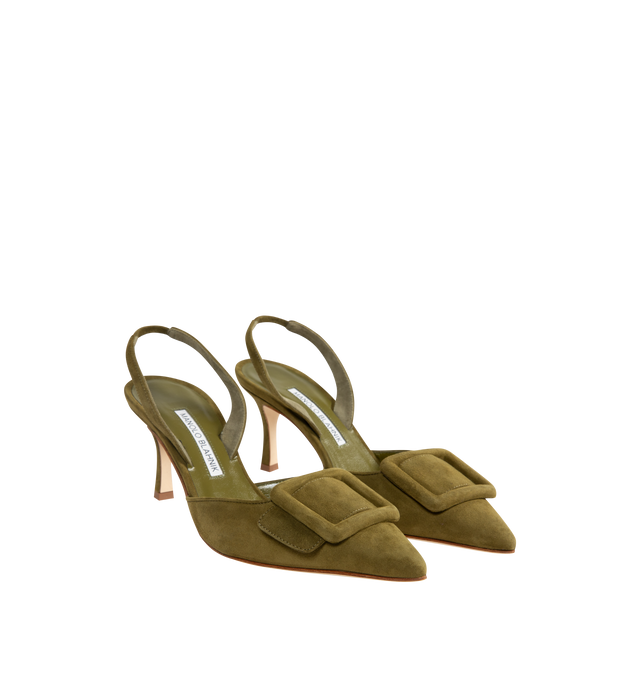 Image 2 of 4 - GREEN - MANOLO BLAHNIK Suede Buckle Detail Slingback Pumps with 2.7" stiletto heel, pointed toe with tonal buckle detail, leather lining and leather sole. Made in Italy.
