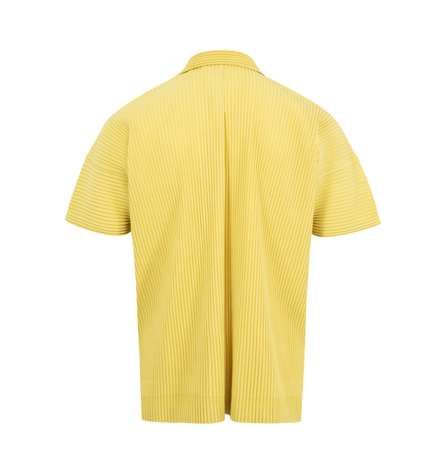 Image 2 of 2 - YELLOW - ISSEY MIYAKE Pleated Shirt featuring open spread collar, button closure, tennis-tail hem, dolman sleeves and inverted box pleat at back yoke. 100% polyester. Made in Japan.