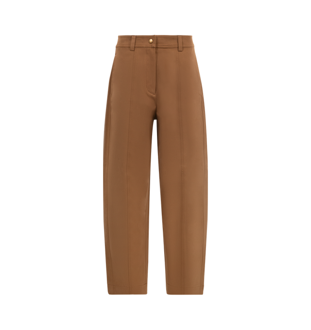 Image 1 of 3 - BROWN - MONCLER Straight Leg Cotton Gabardine Pants featuring stretch cotton gabardine, cotton twill lining, zipper and snap button closure and side pockets. 98% cotton, 2% elastane/spandex. Made in Romania.