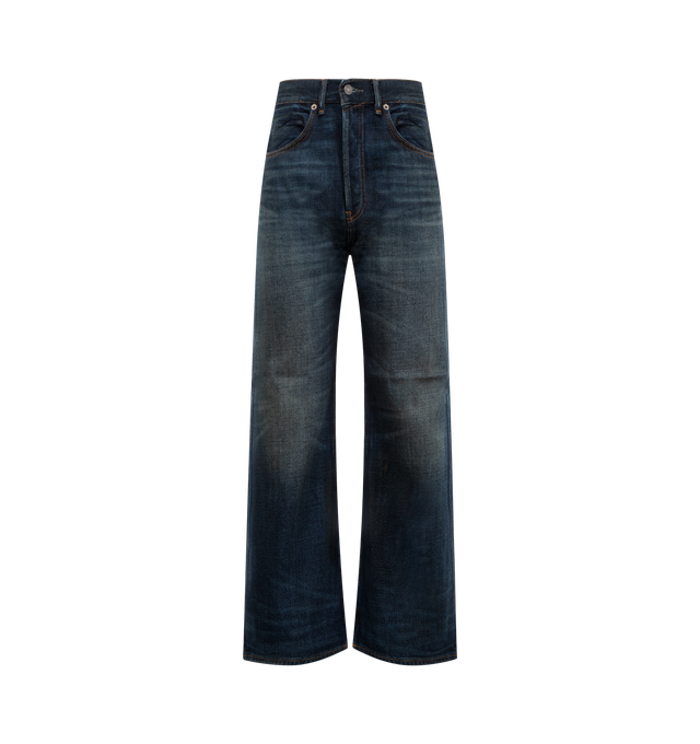 Image 1 of 3 - BLUE - ACNE STUDIOS 2021f Yoyogi Wide Leg Jean featuring button fly closure, 5-pocket styling, intentional whiskering and fading, leather logo patch at back and rigid denim fabric. 100% cotton. Made in Italy.