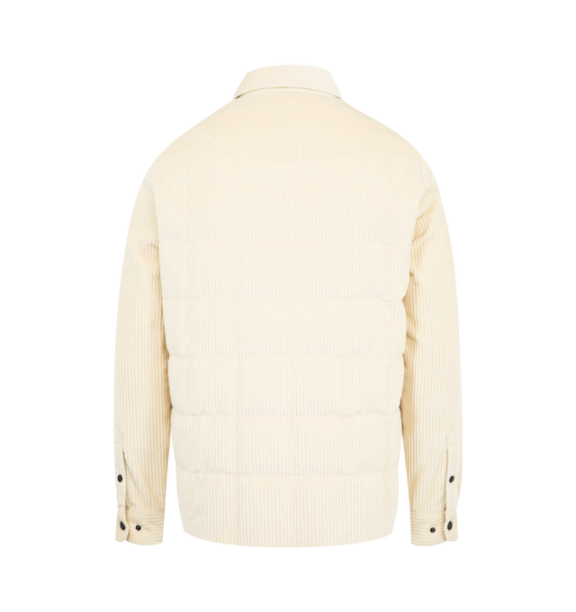 Image 2 of 3 - WHITE - MONCLER GRENOBLE Gelt Corduroy Down Shirt Jacket featuring stretch corduroy, micro ripstop lining, down-filled, snap button closure, pockets with snap button closure and adjustable cuffs. 98% cotton, 2% elastane/spandex. Lining: 100% polyester. Padding: 90% down, 10% feather. Made in Romania.