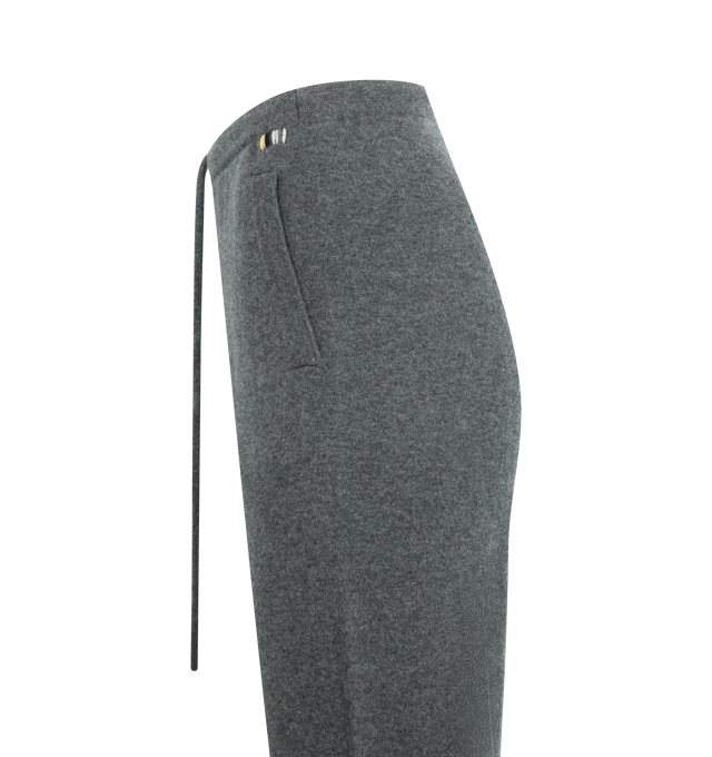 Image 3 of 3 - GREY - EXTREME CASHMERE Rush Pant featuring cashmere trousers with a drawstring waistband, side pockets, one back pocket and a raw cut hem. 89% cashmere, 10% nylon, 1% spandex.