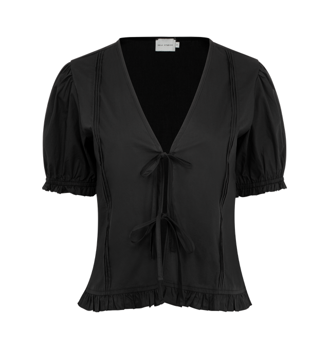 Image 1 of 2 - BLACK - DEIJI STUDIOS Pintuck Top featuring a flattering v neckline with tie closure, delicate pin tuck detail, blouson sleeve and frill detail on arm sleeve and bottom hem. 100% organic cotton poplin.
