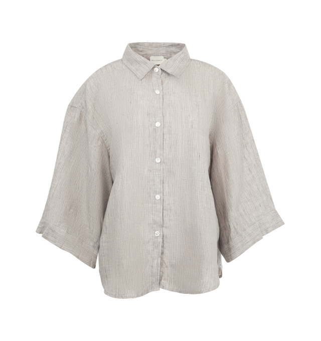 Image 3 of 7 - GREY - DEIJI STUDIOS 03 Set featuring an oversized box fit linen shirt with wide arms and a front pocket. Designed to sit mid rise, the loose fitting boxer style shorts have a faux button down fly and an elastic waist. 100% French linen.