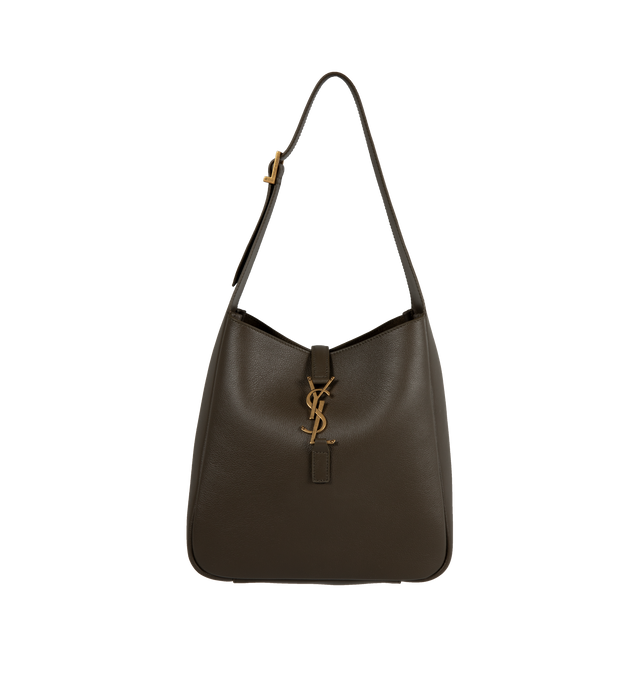 Image 1 of 3 - BROWN - SAINT LAURENT Le A 7 soft small shoulder bag has a metal Cassandre hook closure, bronze-tone hardware, and interior zip pocket. Suede lining. 100% calfskin leather. Dimensions: 9 X 8.7 X 3.5 inches. Made in Italy.