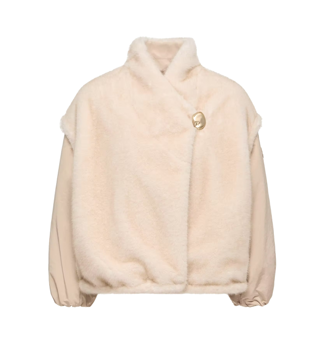 Image 1 of 1 - NEUTRAL - Moncler Womens Chardonneret 2-in-1 Reversible Teddy Down Jacket is crafted from teddy with nylon and polyester blend sleeves and lining. Features a reversible design, detachable sleeves, down-filled construction, button closure, side pockets, inside side pockets, hem with drawstring fastening, and leather logo patch. Base Fabric: Teddy; Sleeves: Nylon and Polyester Blend; Lining: Nylon and Polyester Blend; Padding: 90% Down, 10% Feather. Made in Romania.