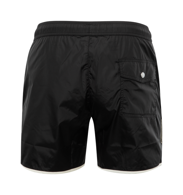 Image 2 of 3 - BLACK - MONCLER Logo Swim Shorts featuring micro mesh lining, waistband with drawstring fastening, side pockets, back pocket and logo patch. Length (from waist to knee): 35 cm. 100% polyamide/nylon. 