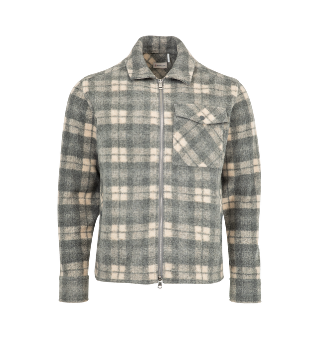 Image 1 of 3 - GREY - MONCLER Plaid Overshirt featuring exposed front zipper closure, chest flap pocket, side seam pocket with button snap closures, logo detail at left sleeve and flannel fabric. 82% polyester, 13% wool, 5% acrylic. Made in Romania.