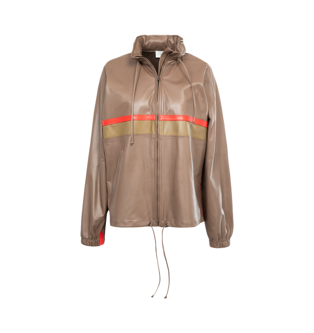 Image 1 of 5 - BROWN - THE ROW Jilly Jacket featuring soft nappa leather with convertible hood that folds into collar, drawstring at hood and hem, stand collar, zip closure, welt pockets, elasticized cuffs and zippered side welt pockets. 100% calfskin leather. Lined in 100% cashmere. Made in Italy. 