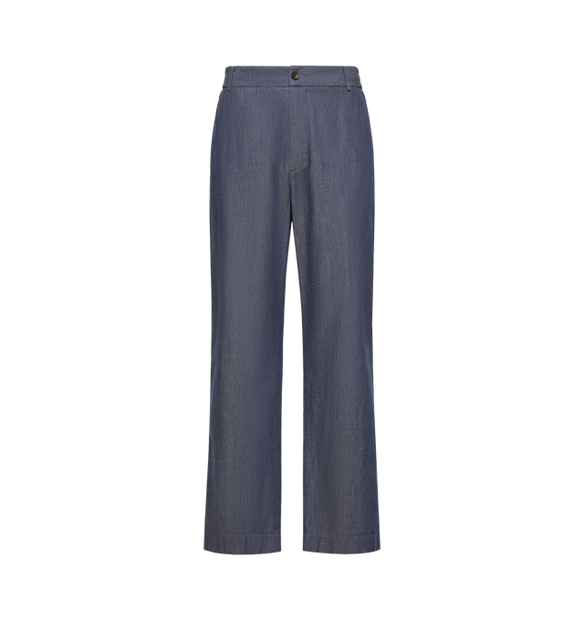 Image 1 of 3 - BLUE - MONCLER Trousers featuring button zip closure, straight leg, elastic waist, side pockets and back flap pockets with snap buttons.