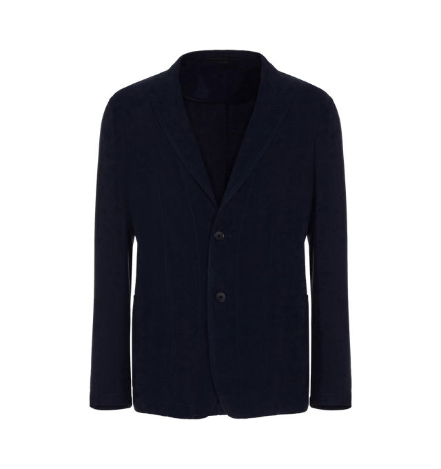 Image 1 of 1 - NAVY - Giorgio Armani Men's Deconstructed Cupro Jacket is crafted in Cupro known for its silk-like drape, breathability, and eco-friendly appeal. The Jacket features a single-breasted two-button closure, shawl lapels, and a chest patch pocket.