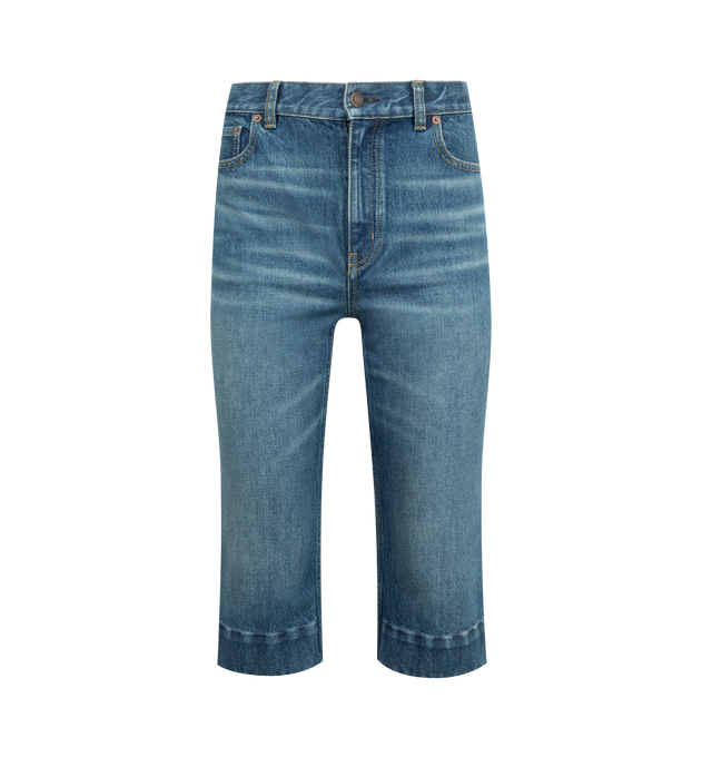 Image 1 of 5 - BLUE - CHLOE Denim Capri Pant featuring zip fly with button closure, 5-pocket design, intentional fading and light whiskering, back leather logo patch, heavyweight denim fabric and cropped capri length. 100% cotton. Made in Italy.