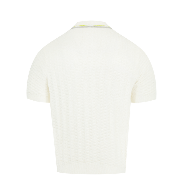 Image 2 of 2 - WHITE - CASABLANCA Tennis Boucle Polo Shirt featuring a short-sleeve textured design, Casablanca logo, a three-button placket, gold rim pearl buttons and ribbed collar, cuffs and hem details. 72% cotton, 27% nylon, 1% elastane. Embroidery: 100% polyester.