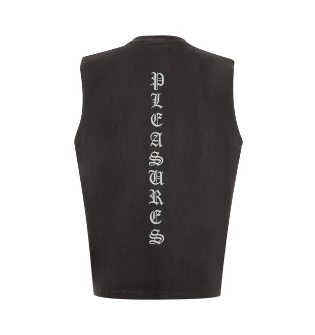 Image 2 of 2 - BLACK - Pleasures Mens Relaxed Sleeveless T-Shirt is crafted from heavyweight cotton jersey. Features a relaxed fit, sleeveless silhouette, embroidered logo detailing, and enzyme-washed finish. Main Material: 100% Cotton. Made in China.