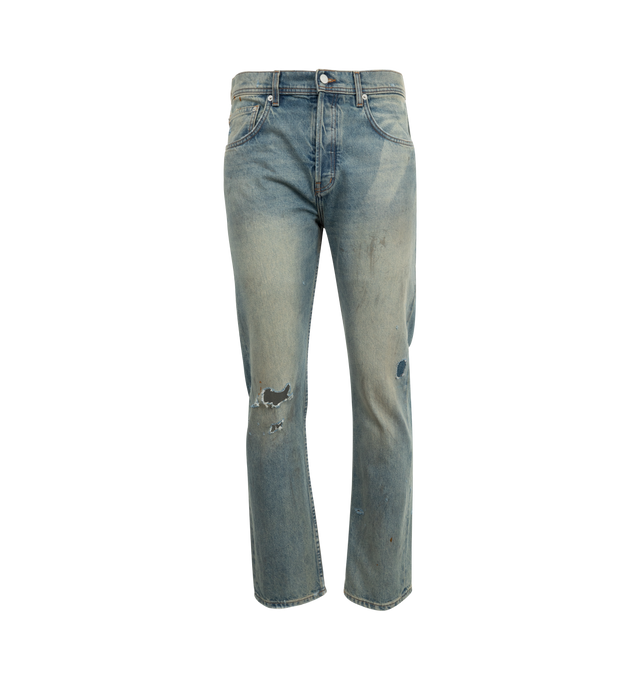 Image 1 of 3 - BLUE - ENFANTS RICHES DEPRIMES Straight Leg Jeans in 14oz Japanese denim featuring mid-rise, five-pocket styling, button-fly, belt loops at waistband, ERD-branded hardware, embossed logo patch at back waistband, heavy vintage wash process and distressing throughout. 100% cotton.