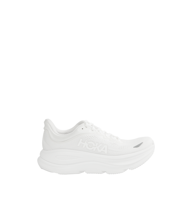 Image 1 of 5 - WHITE - HOKA W Bondi 9 Sneaker featuring performance mesh upper, cushioned collar and tongue, removable contoured insole, supportive midsole, textile lining, lace-up closure, round toe and rubber sole.