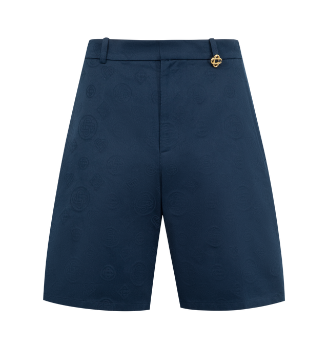 Image 1 of 3 - NAVY - CASABLANCA Monogram Shorts featuring knee-length, monogram pattern, waistband, belt loops with interlocking CC logo rivet, a zip closure, slanted front pockets and back pockets. 100% cotton. Made in Italy.