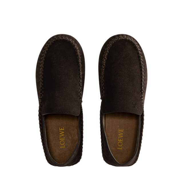 Image 4 of 4 - BROWN - Loewe Men's Loafer in suede calfskin made in a classic moccasin construction, featuring a round toe shape and collapsible back. Featuring padded leather insole, suede lining, Anagram cut-out rubber outsole and embossed Anagram on the upper. Made in Italy.