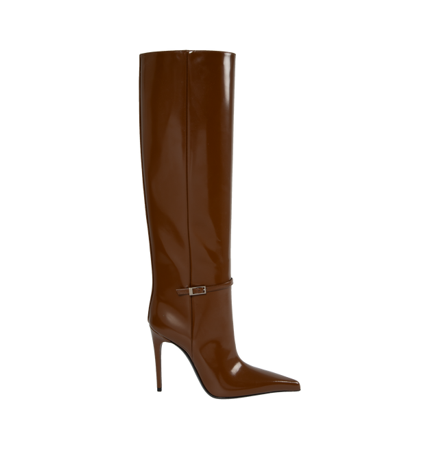 Image 1 of 5 - BROWN - SAINT LAURENT Vendome Boots featuring pointed tow, stiletto heel and buckle strap at ankle. 4.3 inches. 95% calfskin, 5% brass.  