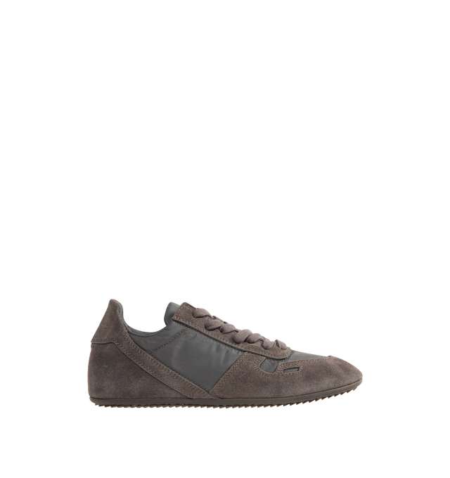Image 1 of 5 - GREY - RICK OWENS Minimal Suede and Nylon Sneakers featuring lace up closure, suede panelled with glossy nylon and slim shark-tooth rubber soles.