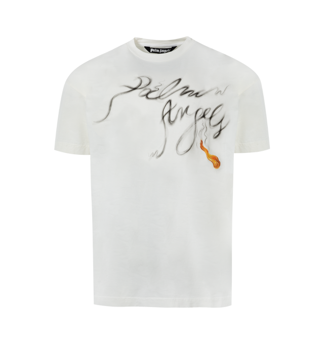 Image 1 of 2 - WHITE - PALM ANGELS Foggy PA Tee featuring short sleeves, crewneck, graphic logo on front and metal monogram patch on back. 100% cotton.  